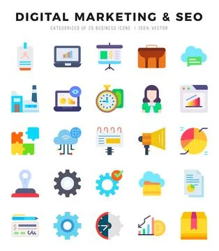 Vector DIGITAL MARKETING &amp; SEO types icon set in Flat style. vector illustr.. Stock Illustration