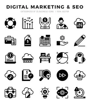 Vector Digital Marketing &amp; SEO types icon set in Lineal Filled style. vecto.. Stock Illustration