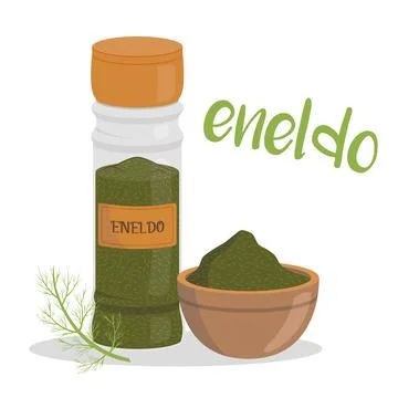 Vector dill illustration isolated in cartoon style. Spanish name. Herbs and.. Stock Illustration