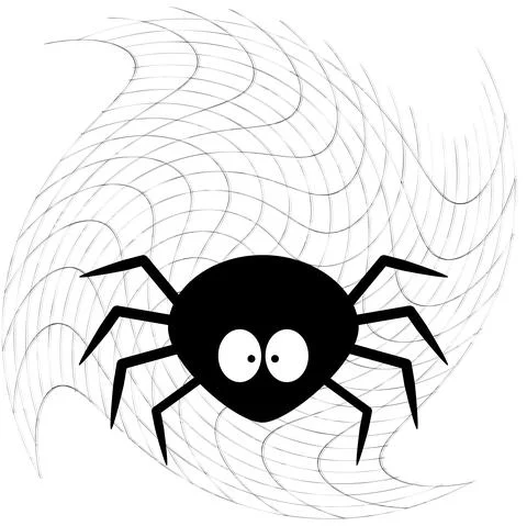Vector dimensionless graphics. A funny and cute spider on a voluminous web. Stock Illustration