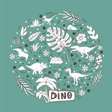 Vector dinosaur in a circle set isolated on a blue Stock Illustration