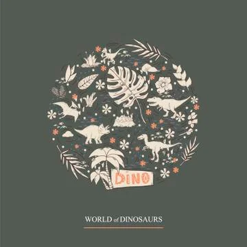 Vector dinosaur in a circle set isolated Stock Illustration