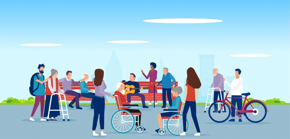 Vector of disabled elderly people, handicapped characters being assisted and  Stock Illustration