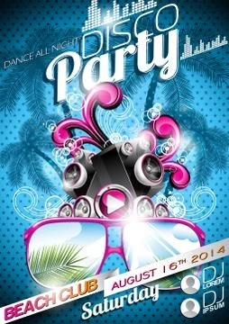Vector Disco Party Flyer Design with speakers and sunglasses Stock Illustration