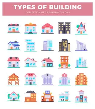 Vector diverse building icons. flat design with colorful illustrations and .. Stock Illustration