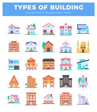 Vector diverse building icons flat design. Multiple building types and arch.. Stock Illustration