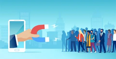 Vector of a diverse group of people being attracted by hand holding magnet in Stock Illustration