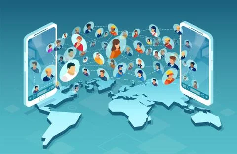 Vector of diverse group of people communicating via mobile phone app technolo イラスト素材