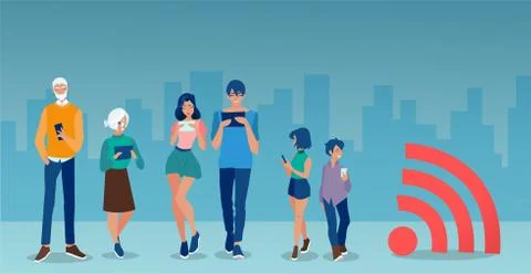 Vector of diverse group of people using mobile gadgets standing by rss symbol Stock Illustration