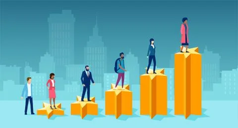 Vector of diverse people climbing up a step ladder composed of feedback stars Stock Illustration