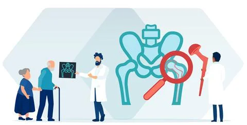 Vector of a doctor explaning to elderly people a hip replacement procedure Stock Illustration