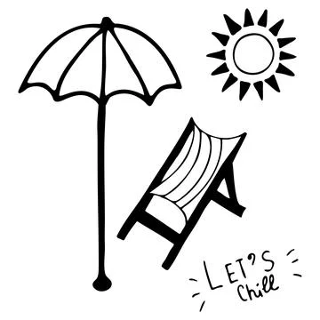 Vector doddle summer illustration with sun, sunbed, chaise lounge, umbrella Stock Illustration