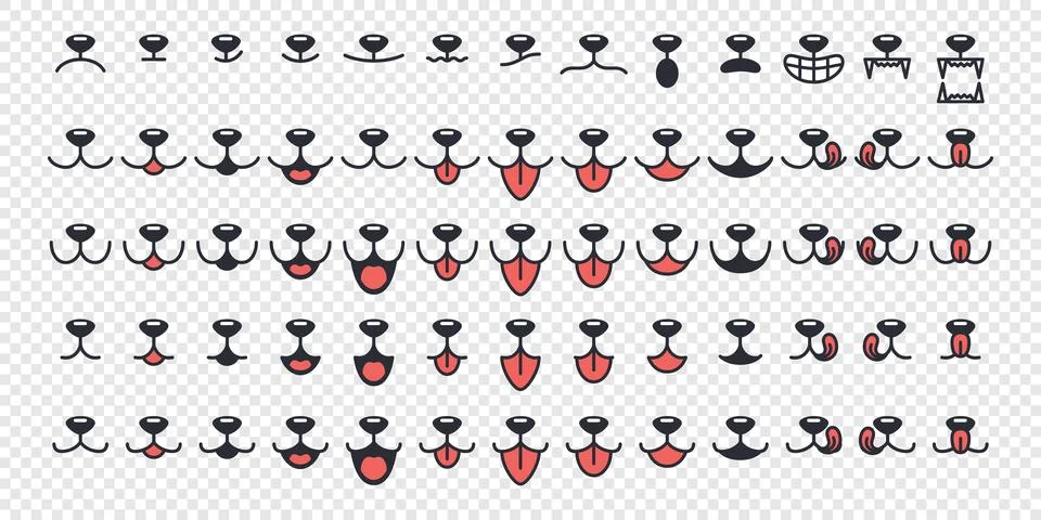 Vector Dog Face Design Elements, Different Emotions. Dog Mouth, Tongue, Nose Stock Illustration
