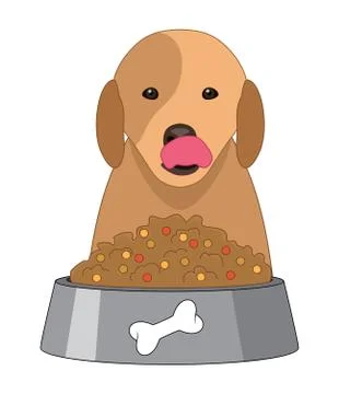 Vector dog sitting in front of plastic dog bowl with food Stock Illustration