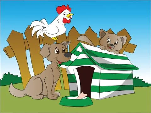 Vector of dog, squirrel and hen with a bone in foreground. Stock Illustration