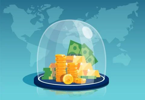 Vector of dollar banknotes and gold coins under a glass dome Stock Illustration