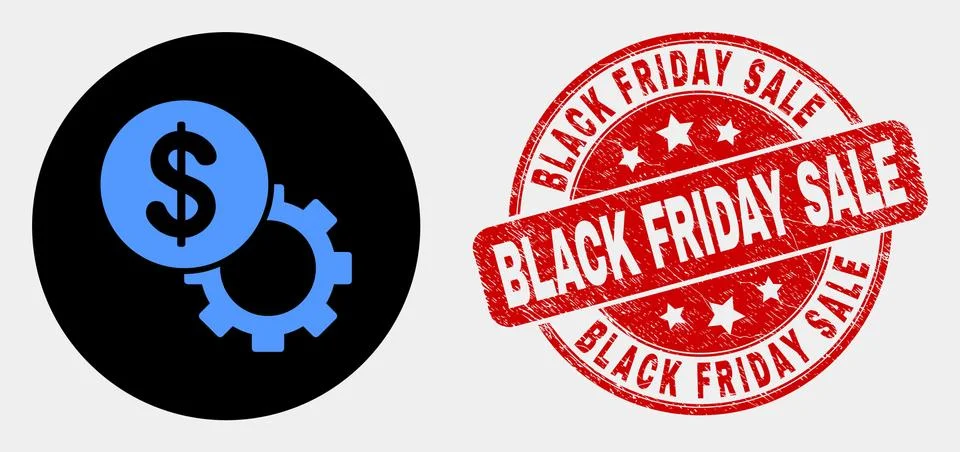Vector Dollar Setup Gear Icon and Distress Black Friday Sale Stamp Stock Illustration