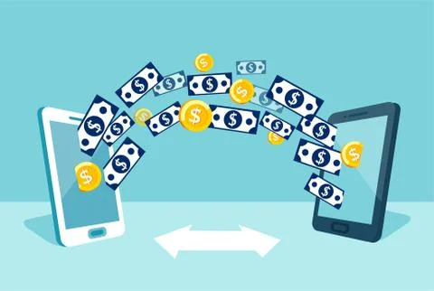 Vector of dollars money currency send from one smartphone to another. Stock Illustration