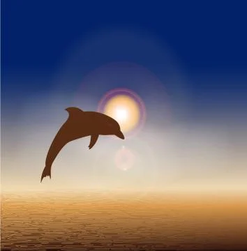 Vector with dolphin and beach on sunset background. Travel Postcard. Stock Illustration