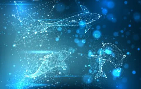 Vector dolphins from dots and lines float on a bright blue background with hi Stock Illustration