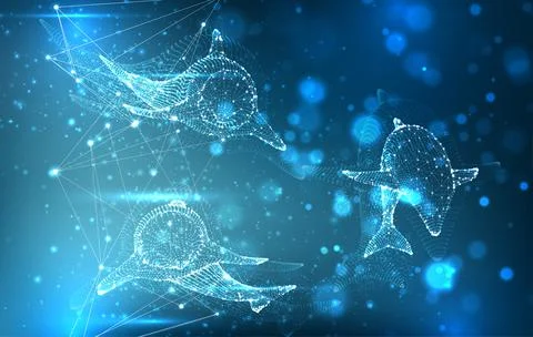 Vector dolphins from dots and lines float on a bright blue background with hi Stock Illustration