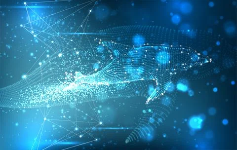 Vector dolphins from dots and lines float on a bright blue background with hi Illustrazione stock