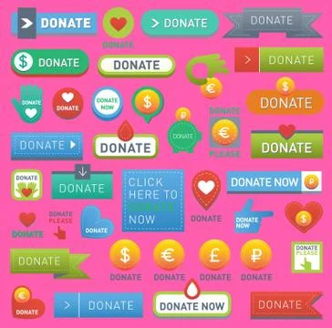 Vector donate buttons help human hand money set in web style. Donation gift Stock Illustration