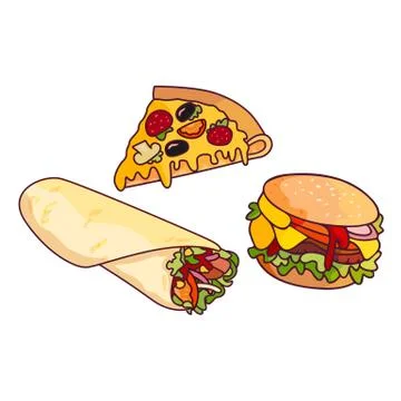 Vector doner kebab, burger pizza slice set. Stock Illustration