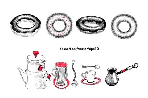 Vector donuts set, tea tools. Can be use for bakery, pastry, coffee houses,.. Stock Illustration