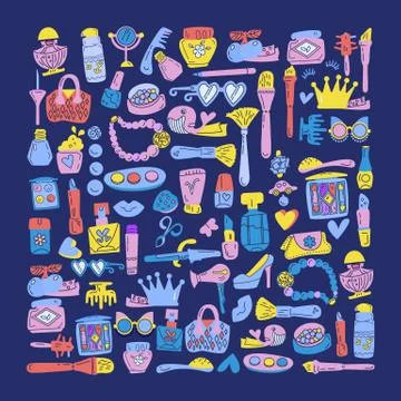 Vector Doodle background with makeup and fashion elements Stock Illustration