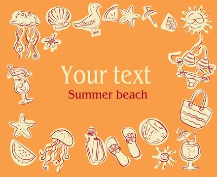 Vector doodle beach set concept, frame for text or lettering. Hand drawn beac 스톡 일러스트