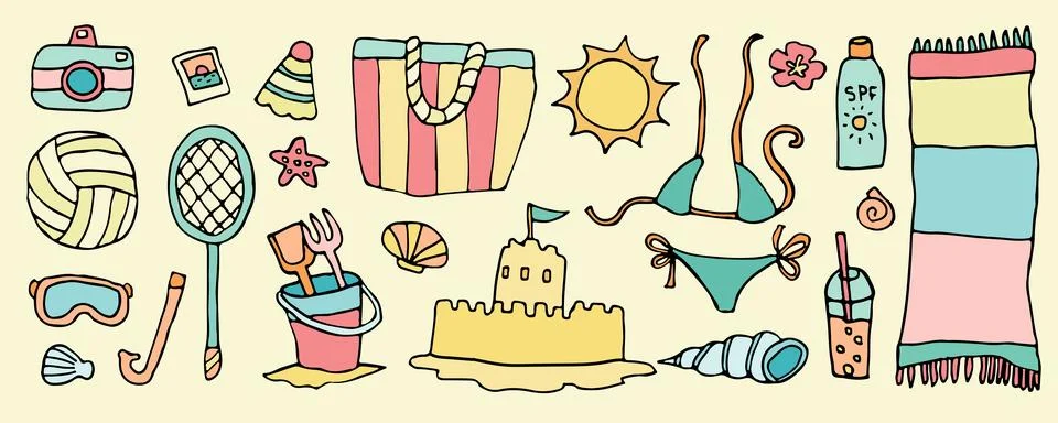 Vector doodle beach vacation set, cute sea party activity icons, kawaii sand 스톡 일러스트