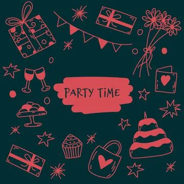 Vector doodle birthday background. Hand-drawn illustration with sweets, daise Stock Illustration