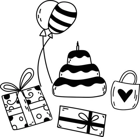 Vector doodle birthday set of elements. Hand-drawn illustration with cake, ba Illustrazione stock