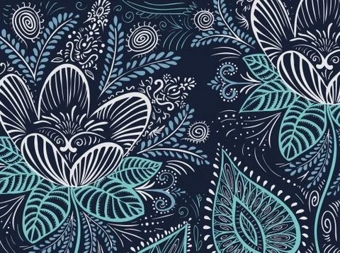 Vector doodle blue and silver flowers and leaves Stock Illustration