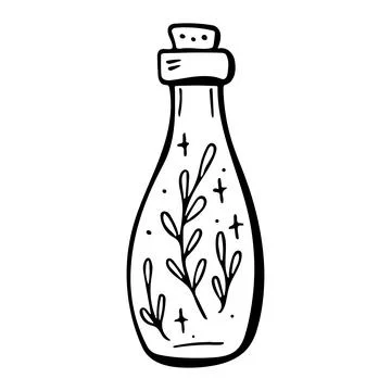 Vector doodle bottle of magic potion with leaves and floral. Hand drawn illus Stock Illustration