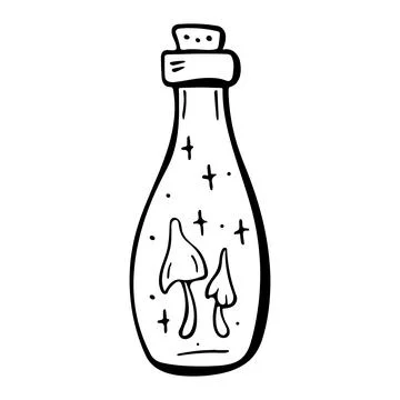 Vector doodle bottle of magic potion with mushrooms. Hand drawn illustration Stock Illustration