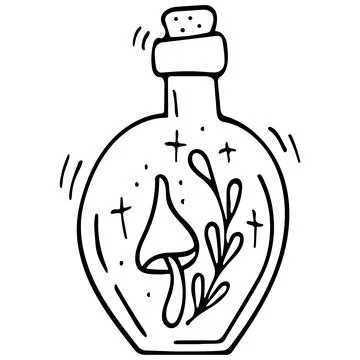 Vector doodle bottle of magic potion with mushroom and floral. Hand drawn ill Stock Illustration
