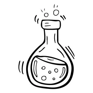 Vector doodle bottle of magic potion. Witchcraft glass bottle. Alchemy elixir in Stock Illustration