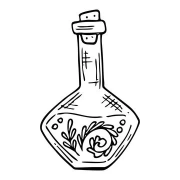 Vector doodle bottle of magic potion. Witchcraft glass bottle. Alchemy elixir in Stock Illustration
