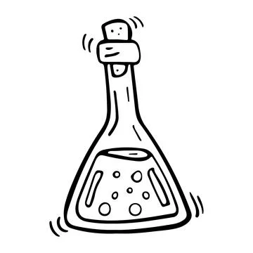 Vector doodle bottle of magic potion. Witchcraft glass bottle. Alchemy elixir in Stock Illustration