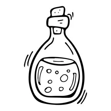 Vector doodle bottle of magic potion. Witchcraft glass bottle. Alchemy elixir in Stock Illustration
