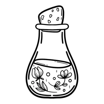 Vector doodle bottle of magic potion. Witchcraft glass bottle. Alchemy elixir in Stock Illustration