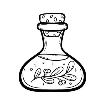 Vector doodle bottle of magic potion. Witchcraft glass bottle. Alchemy elixir in Stock Illustration