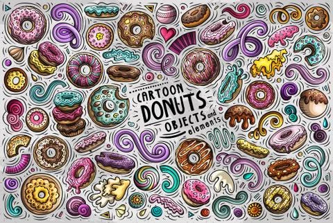 Vector doodle cartoon set of Donuts objects and symbols Stock Illustration