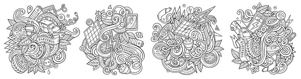 Vector doodle cartoon set of Electric Vehicles designs Illustrazione stock