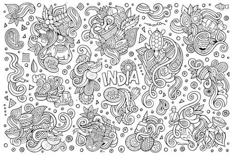 Vector doodle cartoon set of Indian designs Stock Illustration