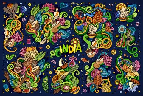 Vector doodle cartoon set of Indian designs Stock Illustration