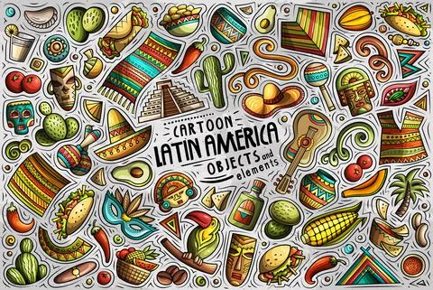 Vector doodle cartoon set of Latin American theme objects and symbols Stock Illustration