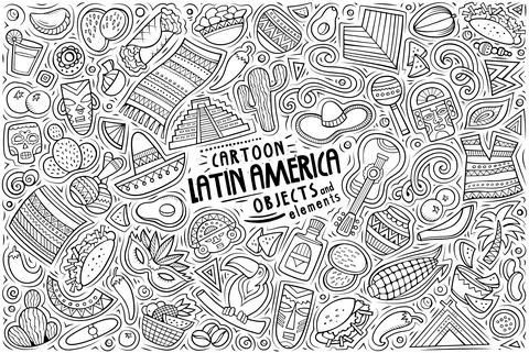 Vector doodle cartoon set of Latin American theme objects and symbols Stock Illustration